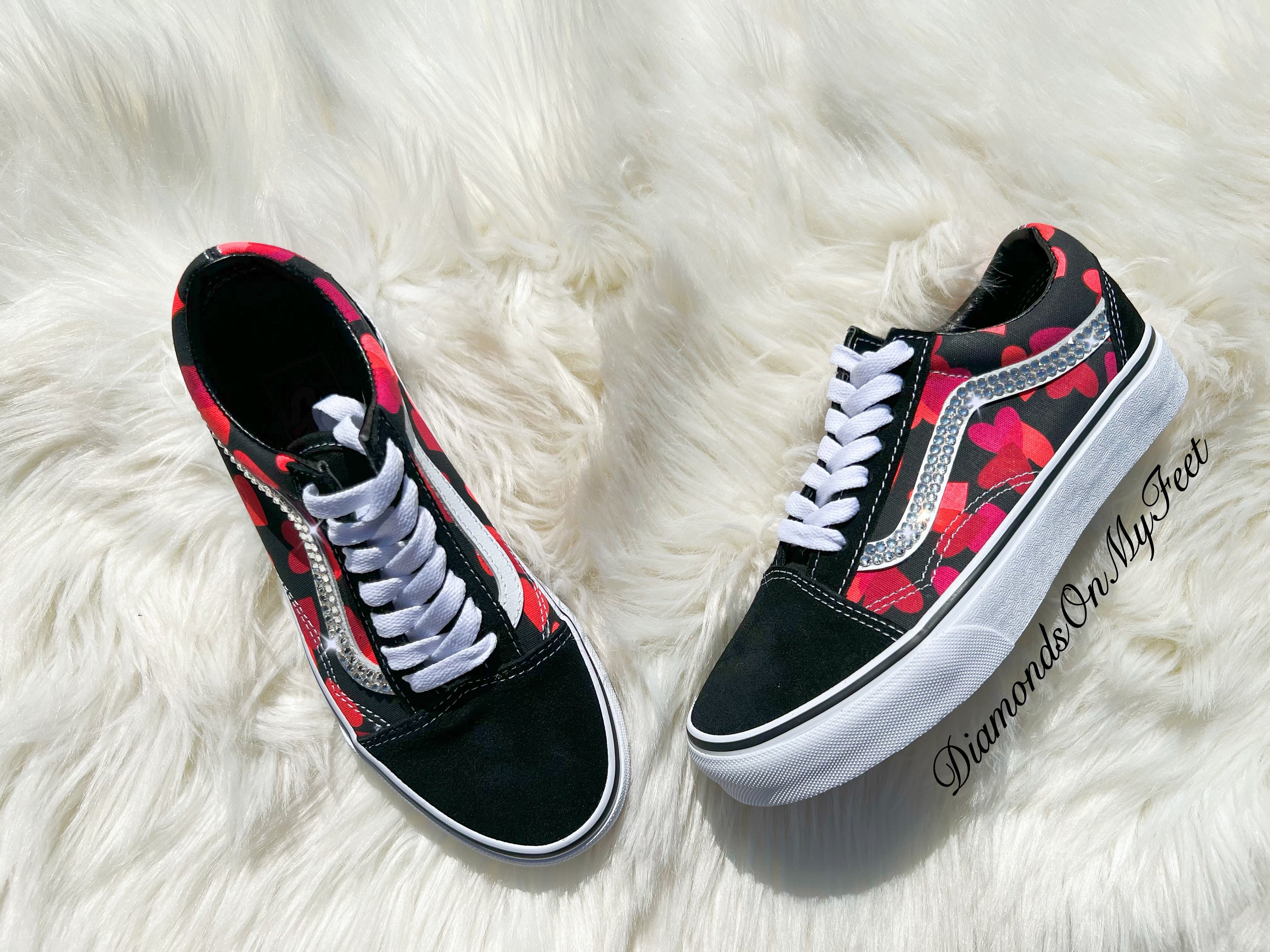 Swarovski Women s Vans Old Skool Black Red Heart Print Low Shoes