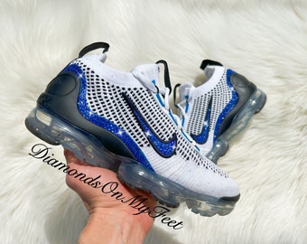 Swarovski Women's Air VaporMax 21 White Black & Blue Sneakers Blinged Out With Authentic Swarovski Crystals Custom Bling Athletic Shoes