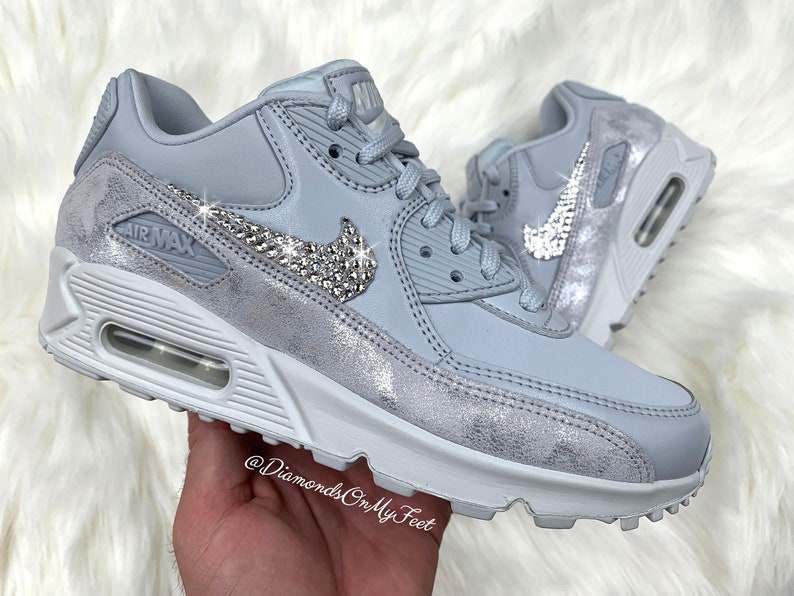 Swarovski Women's Nike Air Max 90 Pure Platinum Sneakers Blinged Out With Authentic Clear Swarovski Crystals Custom Bling Nike Shoes Swarovski Women's Nike Air Max 90 Pure Platinum Sneakers Blinged Out With Authentic Clear Swarovski Crystals Custom Bling Nike Shoes