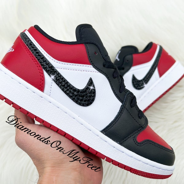 Swarovski Women's Nike Air Jordan 1 Low Red & Black Sneakers Blinged Out With Authentic Swarovski Crystals Custom Bling Nike Shoes