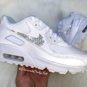 Size 7 - Swarovski Women&#39;s Air Max 90 All White Sneakers Blinged Out With Authentic Clear Swarovski Crystals Custom Bling Workout Shoes