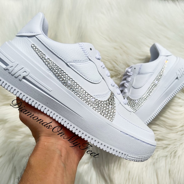 Swarovski Women's Air Force 1 PLT.AF.ORM All White Low Platform Sneakers Blinged Out With Authentic Swarovski Crystals Custom Bling Shoes