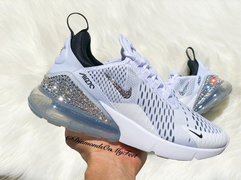Swarovski Women's Nike Air Max 270 White & Black Sneakers Blinged Out With Authentic Clear Swarovski Crystals Custom Bling Nike Shoes 