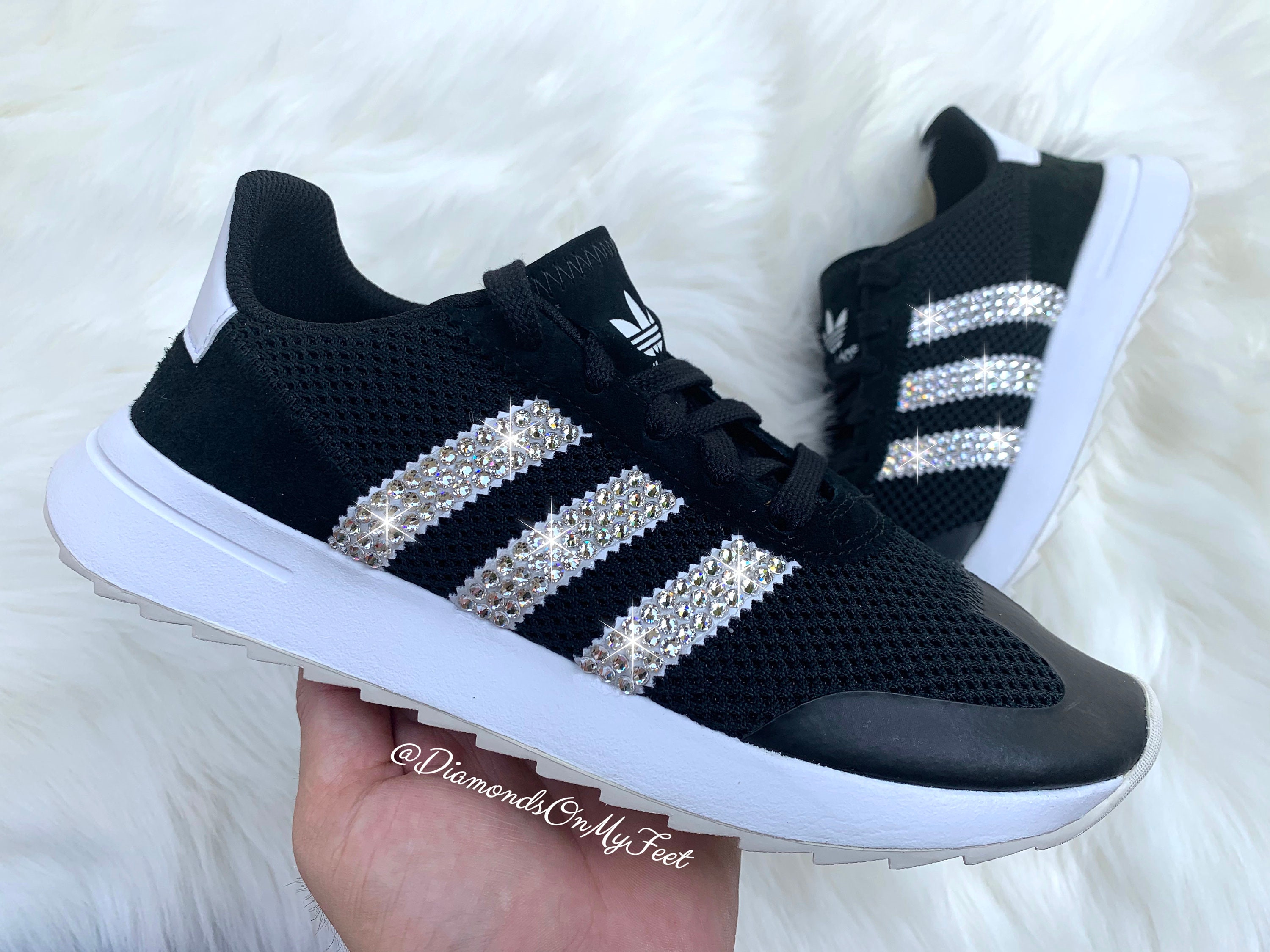 Size 8 Swarovski Women s Flashback Black White Sneakers Blinged