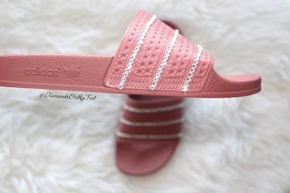 Size 9 - Swarovski Women's Adidas Adilette Dark Pink Slides Blinged Out With Authentic Clear Swarovski Crystals Custom Bling Nike Sandals Size 9 - Swarovski Women's Adidas Adilette Dark Pink Slides Blinged Out With Authentic Clear Swarovski Crystals Custom Bling Nike Sandals
