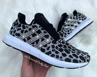 Swarovski Womens Swift Run Black & White Cheetah Shoes Blinged Out With Authentic Clear Swarovski Crystals Custom Bling Running Shoes