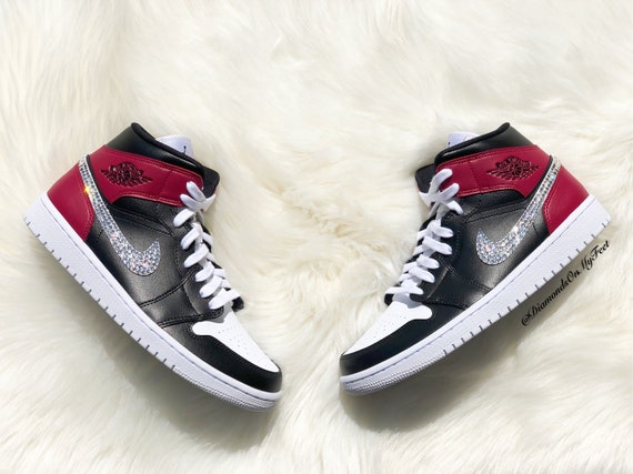 Swarovski Women's Nike Air Jordan 1 Mid Red, Black & White Sneakers Blinged  Out With Authentic Swarovski Crystals Custom Bling Nike Shoes 