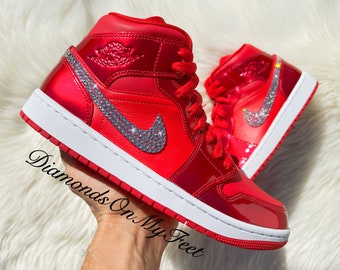 Swarovski Women's Air Jordan 1 Mid All Red Sneakers Blinged Out With Authentic Clear Silver Swarovski Crystals Custom Bling MJ Shoes