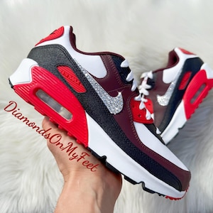 Swarovski Women&#39;s Nike Air Max 90 Shoes Burgundy, Red, Black & White Sneakers Blinged With Authentic Swarovski Crystals Custom Bling Shoes