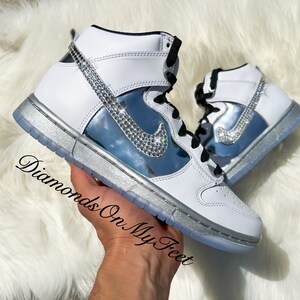 Size 8 - Swarovski Women&#39;s Dunk High SE White Black & Iridescent Sneakers Blinged With Authentic Clear Crystals Custom Bling Fashion Shoes