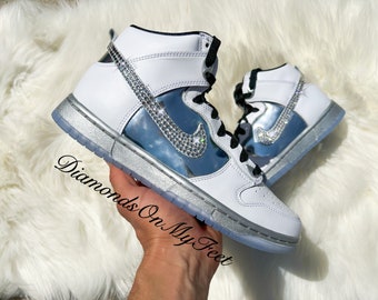 Talla 8 - Zapatillas deportivas Swarovski Dunk High SE para mujer, blancas, negras e iridiscentes, con cristales transparentes auténticos, zapatos de moda con brillo personalizado.