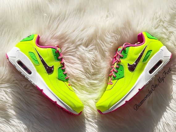 Swarovski Womens Air Max 90 Volt Pink Shoes Sneakers Blinged Out With Authentic Swarovski Crystals Custom Athletic Shoes Etsy