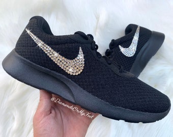 Swarovski Women&#39;s Tanjun All Black Sneakers Blinged Out With Authentic Clear Swarovski Crystals Custom Bling Workout Athletic Shoes