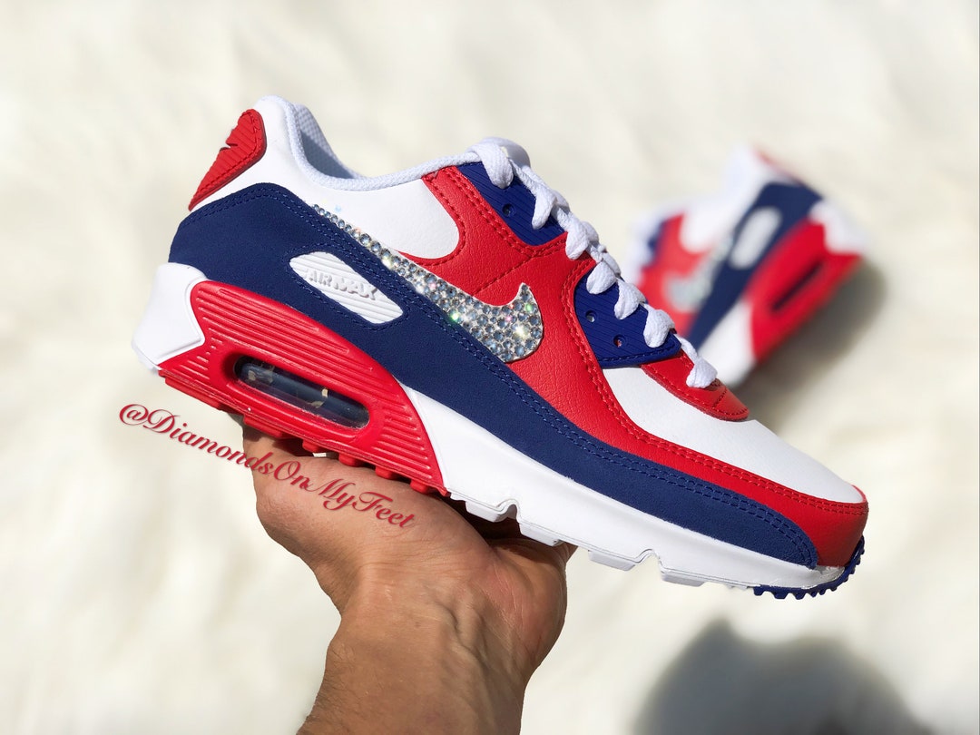 Decano mar Mediterráneo Descripción Zapatillas Nike Air Max 90 rojas blancas y azules Swarovski - Etsy España