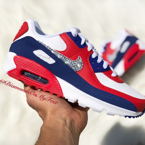 Swarovski Women's Nike Air Max 90 Red White u0026 Blue - Etsy