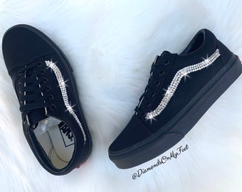 Swarovski Women s Vans Old Skool All Black Low Top Shoes Sneakers