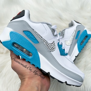Swarovski Women&#39;s Air Max 90 Gray Blue Red & White Sneakers Blinged With Authentic Swarovski Crystals Custom Bling Shoes