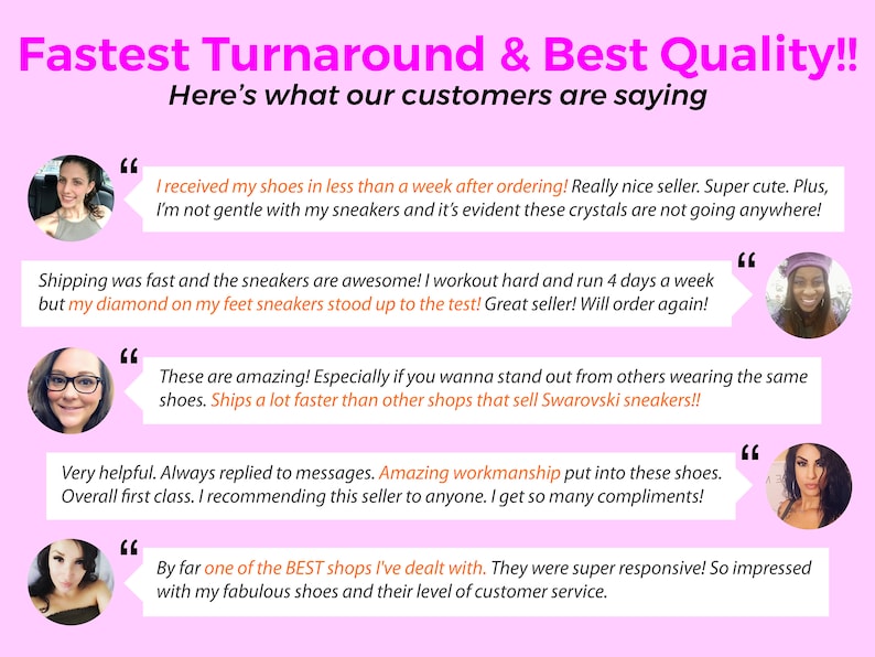 May include: A pink background with white text that reads "Fastest Turnaround & Best Quality!! Here's what our customers are saying".  There are four customer testimonials with images of the customers. Each testimonial is enclosed in quotation marks.