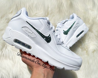 Swarovski Women's Air Max 90 All White Sneakers Blinged Out With Authentic Emerald Green Swarovski Crystals Custom Bling Shoes