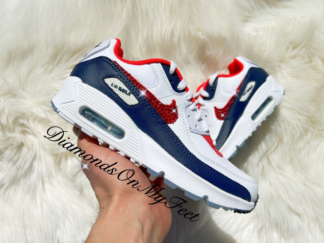 Airmax Sneakers Air Max 90 Blue White And Red Swarovski Womens Air Max 90  Red, White Blue Sneakers Blinged
