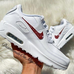 Swarovski Women&#39;s Air Max 90 All White Sneakers Blinged Out With Authentic Red Swarovski Crystals Custom Bling Shoes
