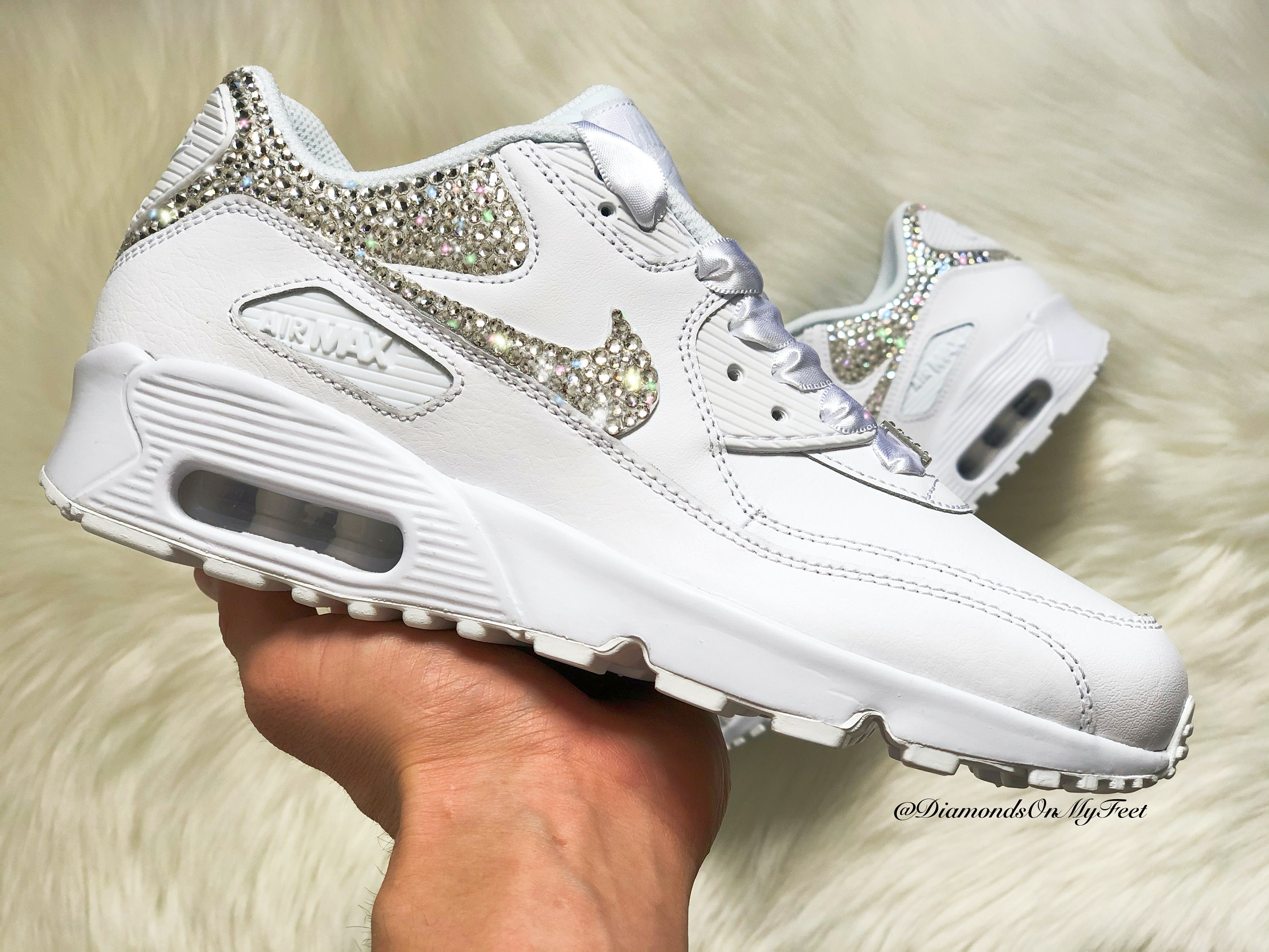 Swarovski Women's Nike Air Max 90 All White Wedding Sneakers Swarovski Women's Nike Air Max 90 All White Wedding Sneakers