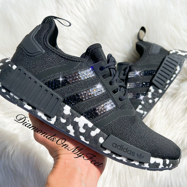 Swarovski Womens NMD R1 Black + Black & White Camo Sneakers Blinged Out With Authentic Ombre Swarovski Crystals Custom Bling Athletic Shoes