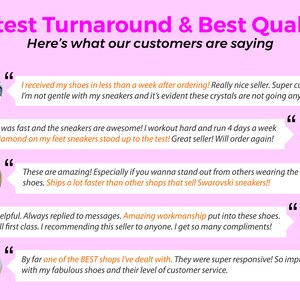 May include: A pink background with white text that reads "Fastest Turnaround & Best Quality!! Here's what our customers are saying".  There are four customer testimonials with images of the customers. Each testimonial is enclosed in quotation marks.