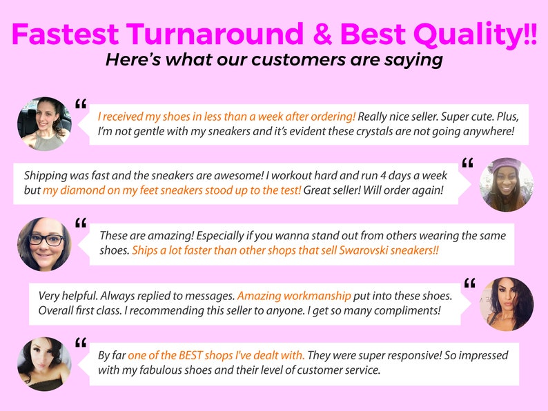 May include: A pink background with white text that reads "Fastest Turnaround & Best Quality!! Here's what our customers are saying".  There are four customer testimonials with images of the customers. Each testimonial is enclosed in quotation marks.