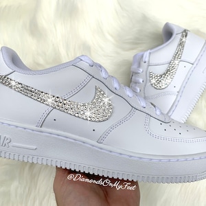 Swarovski Women's Nike Air Force 1 All White Low Sneakers Blinged Out With Authentic Clear Swarovski Crystals Custom Bling Nike Shoes