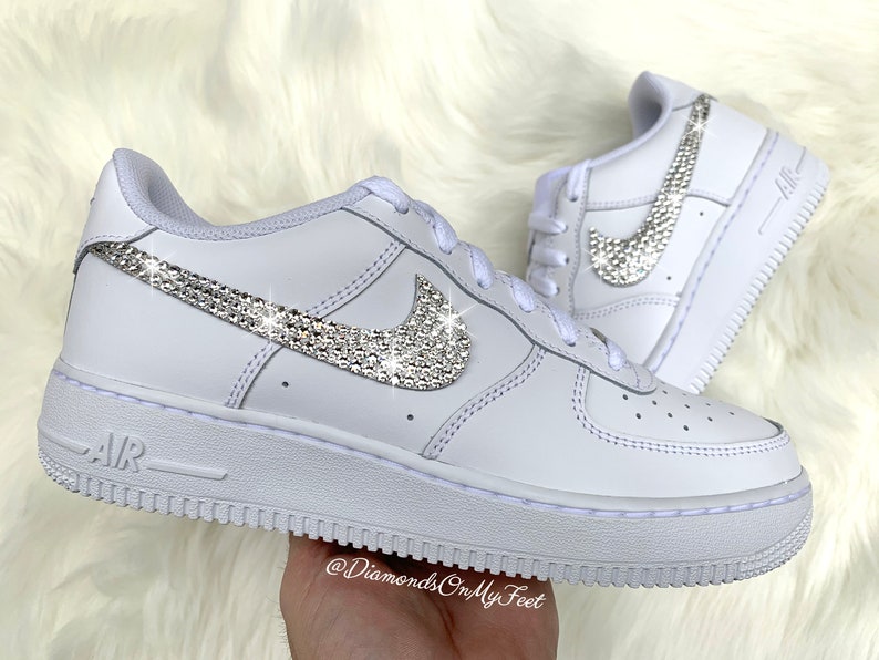 Swarovski Women's Nike Air Force 1 All White Low Sneakers Blinged Out With Authentic Clear Swarovski Crystals Custom Bling Nike Shoes 