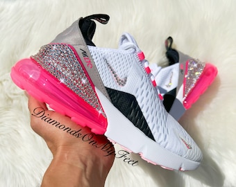 Swarovski Women's Air Max 270 White Arctic Punch Sneakers Blinged Out With Authentic Clear Swarovski Crystals Custom Bling Athletic Shoes