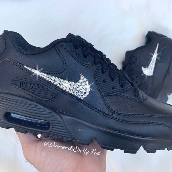 Swarovski Women's Nike Air Max 90 All Black Sneakers Blinged Out With Authentic Clear Swarovski Crystals Custom Bling Nike Shoes