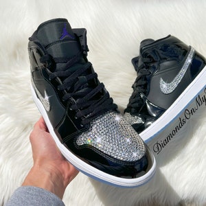 Swarovski Women's Air Jordan 1 Mid SE Space Jam Black Sneakers Blinged With Authentic Clear Silver Swarovski Crystals Custom Bling MJ Shoes