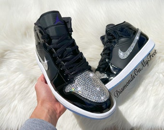 Swarovski Women's Air Jordan 1 Mid SE Space Jam Black Sneakers Blinged With Authentic Clear Silver Swarovski Crystals Custom Bling MJ Shoes