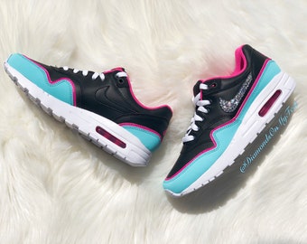 Swarovski Women s Nike Air Max 1 Fuchsia Turquoise Sneakers Blinged Out With Authentic Clear Swarovski Crystals Custom Bling Nike Shoes Etsy