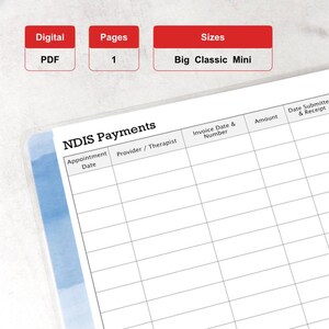 Könnte beinhalten: Eine digitale PDF-Planerseite mit dem Titel NDIS Payments und Spalten für Appointment Date, Provider/Therapist, Invoice Date & Number, Amount, Date Submitted & Receipt sowie Date Paid & Receipt. Format Big Classic Mini.