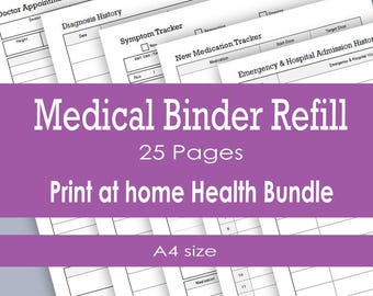 Puede incluir: Un conjunto de 25 páginas imprimibles para archivador médico en tamaño A4, con papel blanco y texto y líneas en negro. El paquete incluye formularios para citas médicas, historial de diagnóstico, seguimiento de síntomas, medicación y hospitalizaciones.
