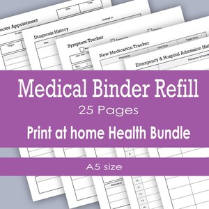 Könnte beinhalten: Ein Set aus 25 medizinischen Einlegeblättern im A5-Format als Gesundheits-Bundle zum Ausdrucken für zu Hause. Die weißen Papierformulare enthalten Abschnitte für Arzttermine, Diagnoseverlauf, Symptom-Tracker, Medikamenten-Tracker sowie Notfall- und Krankenhausaufenthaltsverlauf.