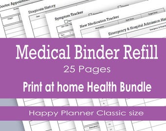 Puede incluir: Un conjunto de 25 páginas de recambio para archivador médico en papel blanco con texto y líneas negras. El paquete incluye formularios para citas médicas, historial de diagnóstico, seguimiento de síntomas, medicación y hospitalización.