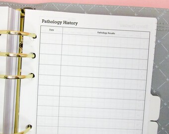 May include: A white page with the title "Pathology History" and the headings "Date" and "Pathology Results". The page is divided into rows and columns for recording information.