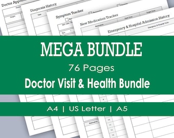 Puede incluir: Un paquete de 76 páginas para visitas médicas y seguimiento de salud con hojas imprimibles. Los documentos incluyen secciones para Doctor Appointment, Diagnosis History, Symptom Tracker, New Medication Tracker y Emergency & Hospital Admission History.