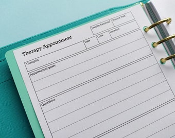 May include: A white page with a teal border, titled "Therapy Appointment". The page has sections for therapist, appointment goals, questions, date, time, location, invoice received, and invoice paid.