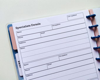 Specialists Details Insert, For medical & non medical specialists, Physio, OT, Speech, Health tracker, Happy Planner Classic Printable
