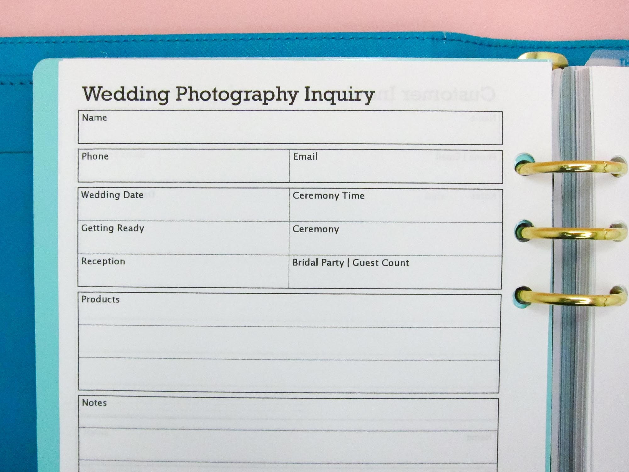 Wedding Photography Inquiry form small business  New Wedding Photography Customer | A5 planner insert - Digital Download