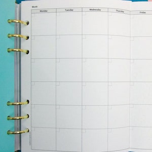 May include: A white weekly planner with a blue cover and gold rings. The planner has a section for each day of the week, Monday through Friday, and a section for the month. The planner is open to a blank page.