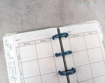 Può includere: Agenda aperta con una copertina di plastica trasparente e anelli blu. L'agenda è aperta su una pagina settimanale con caselle per ogni giorno, con orari. La parola "Luglio" è visibile sul lato sinistro.
