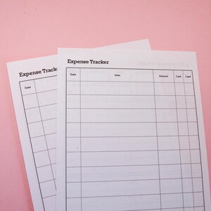 May include: Two blank expense tracker sheets with the title "Expense Tracker" at the top of the page. The sheets are divided into columns labelled "Date", "Item", "Amount", "Cash", and "Card".