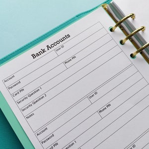 Bank Account Password Tracker inserts, Login Organizer, Password Keeper, Password Book, Password Insert | Printed on 40 pages, 5 Sizes
