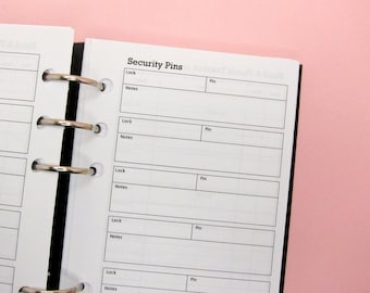 Personal size Security Pin Tracker Log, Login Organizer, Password Keeper, Password Book, Password Insert, personal password Digital Download
